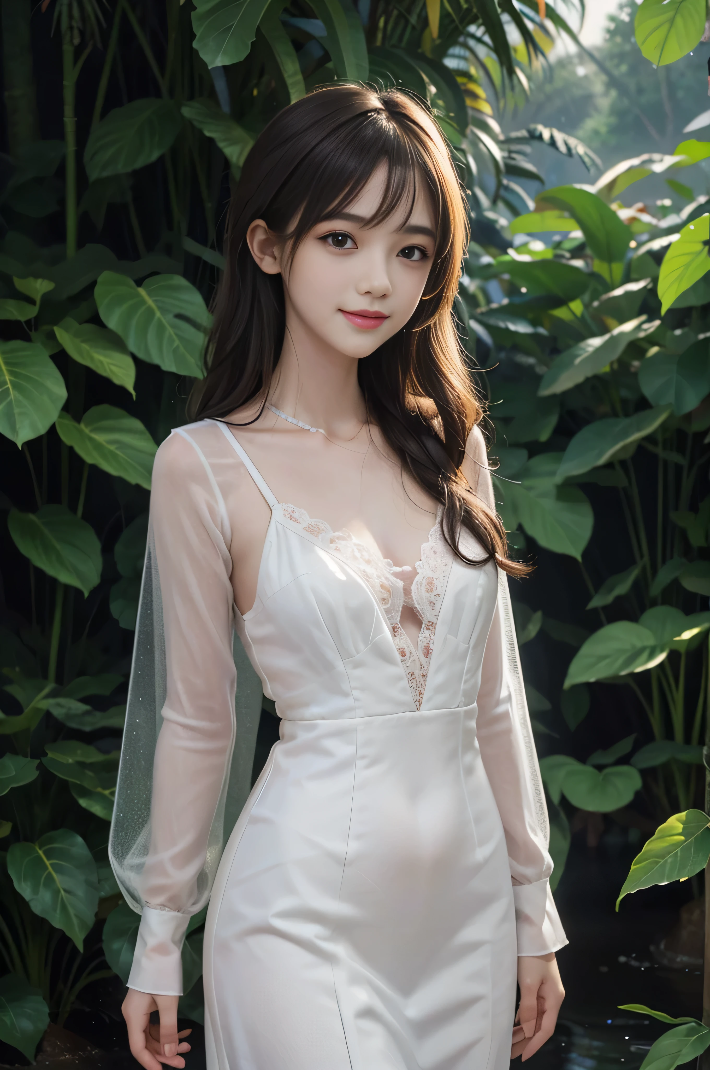 best quality,masterpiece,extremely detailed,high res,4k,ultra high res,detailed shadow,ultra realistic,realistic,dramatic lighting,1girl,solo,detailed face,realistic eyes,realistic skin,white dress,black hair,dynamic pose, white lace dress, full body, standing in a different pose, playing with her hair