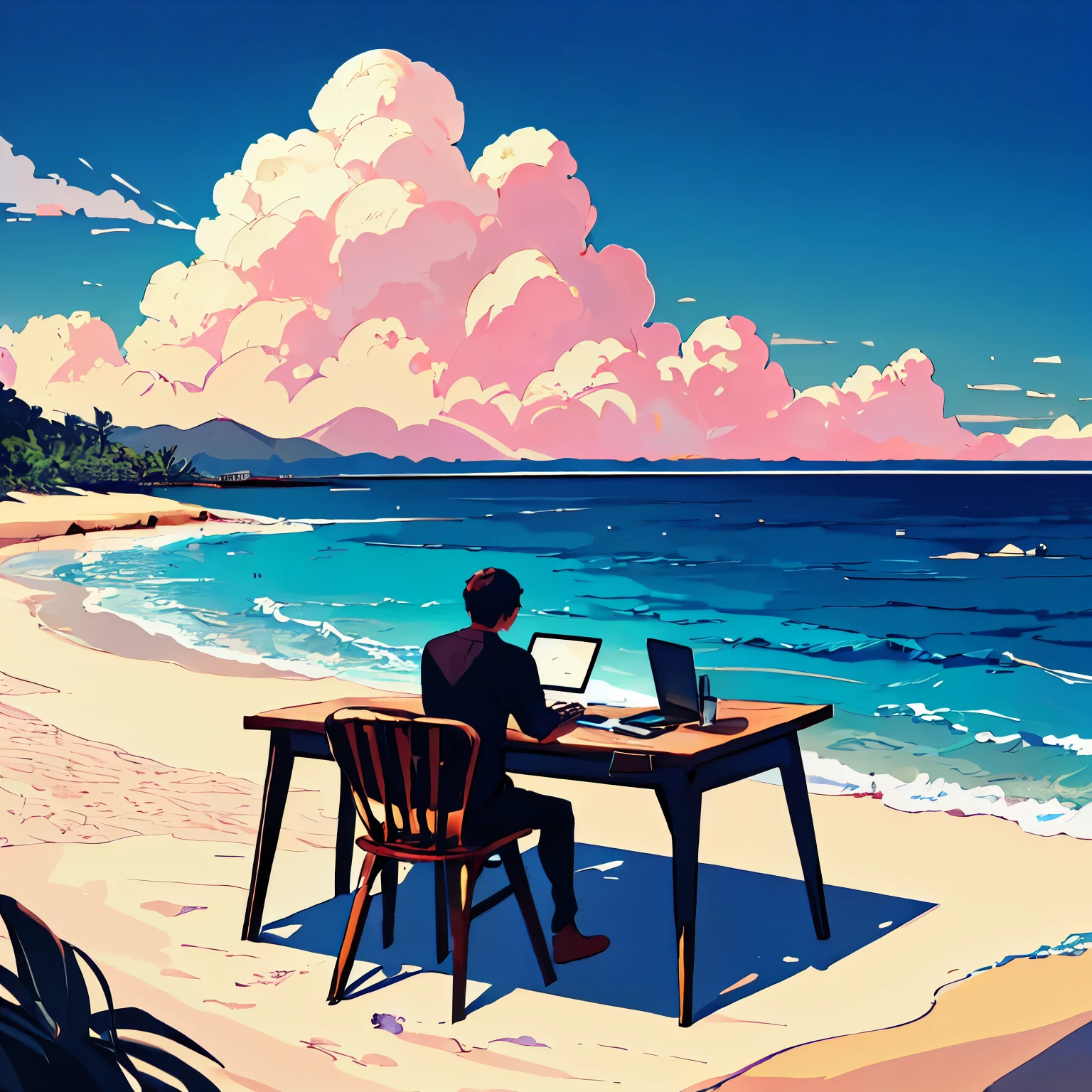 "A man working on a laptop at a desk placed on a sandy beach with a view of the ocean. The simple wooden desk stands alone on the beach, with soft waves gently crashing in the background. The man is focused on his work, surrounded by a calm, natural atmosphere. The scene is peaceful and serene, blending the beauty of the sea and the tranquility of working outdoors."
