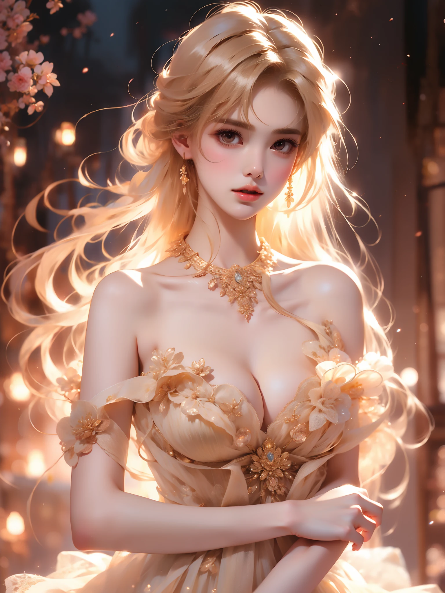 strap slip, ,(Asian beauty), ((full body)), (Big Breast), ((Natural and elegant posture)), (night, starry sky, space scene), (slim athletic figure: 1.1), (visible cleavage: 0.8), (smooth skin, no deformities: 1.2), (Large breasts), 1girl, solo, nvshen, relaxed posture, Sexy long legs, The hemlines are short, head tilted, charming smile, hands gently lifted hemline, long shaggy hair flowing, delicate features: (large bright eyes, long eyelashes: 1.1), mouth slightly upturned, expression gentle and confident, (fidelity: 1.1) 1.2), high detail, soft lighting, warm tones