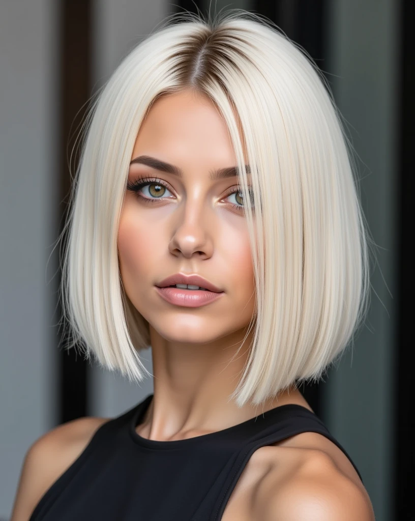 A striking portrait of Nexia, a 22-year-old woman with an architectural asymmetrical platinum blonde haircut. Her hair features a deep side part on the left, with the longer right side falling sleekly to almost touch her shoulder, while the shorter left side is cut precisely at mouth length and elegantly tucked behind her ear. The sharp contrast between the two lengths creates a dramatic frame for her face, emphasizing her hazel eyes and well-defined lips. The platinum blonde is a cool, uniform tone that enhances the technical precision of the cut. The hair is straight and sleek, moving with a liquid-like quality that highlights the intentional geometry of the style. A wall in background

Technical details for hair:
- Deep side part positioned on left side
- Right side: straight, sleek, falling to almost shoulder length
- Left side: mouth length, tucked behind ear
- Texture: perfectly straight, glossy
- Color: cool-toned platinum blonde
- Movement: emphasize the contrast between longer and shorter sides