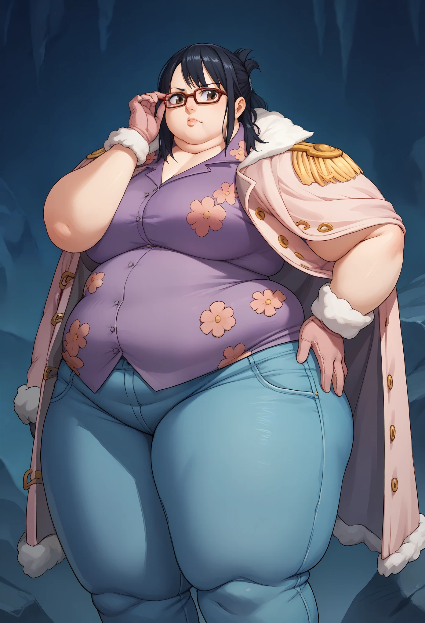 large breasts, brown eyes,shirt, black hair, gloves, rocks background, standing, jacket, glasses, pants, coat, hand on hip, fur trim, floral print, denim, epaulettes, sheathed, jeans, jacket on shoulders, purple shirt, adjusting eyewear, coat on shoulders, pink coat, fat, chubby, obese