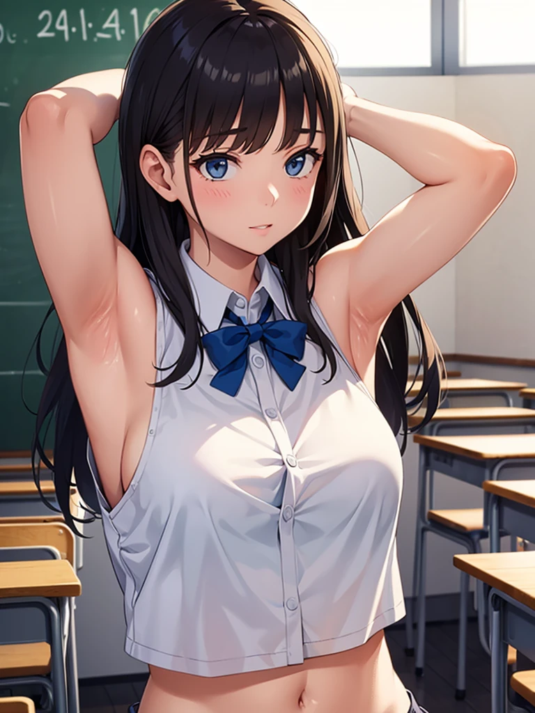 (((medium breasts))), ((best quality)), ((masterpiece)), (detailed), (((perfect face))), ((((slender topless  girl with both arms up, hands behind head)))), (((dark blue pleated skirt))), (((brunette, brown hair))), ((short ponytail)), (((shy:1.3))) ((blushing:1.5)), ((slender thighs)), ((slender hips)), (((standing next to chalkboard))), (((high school classroom)))