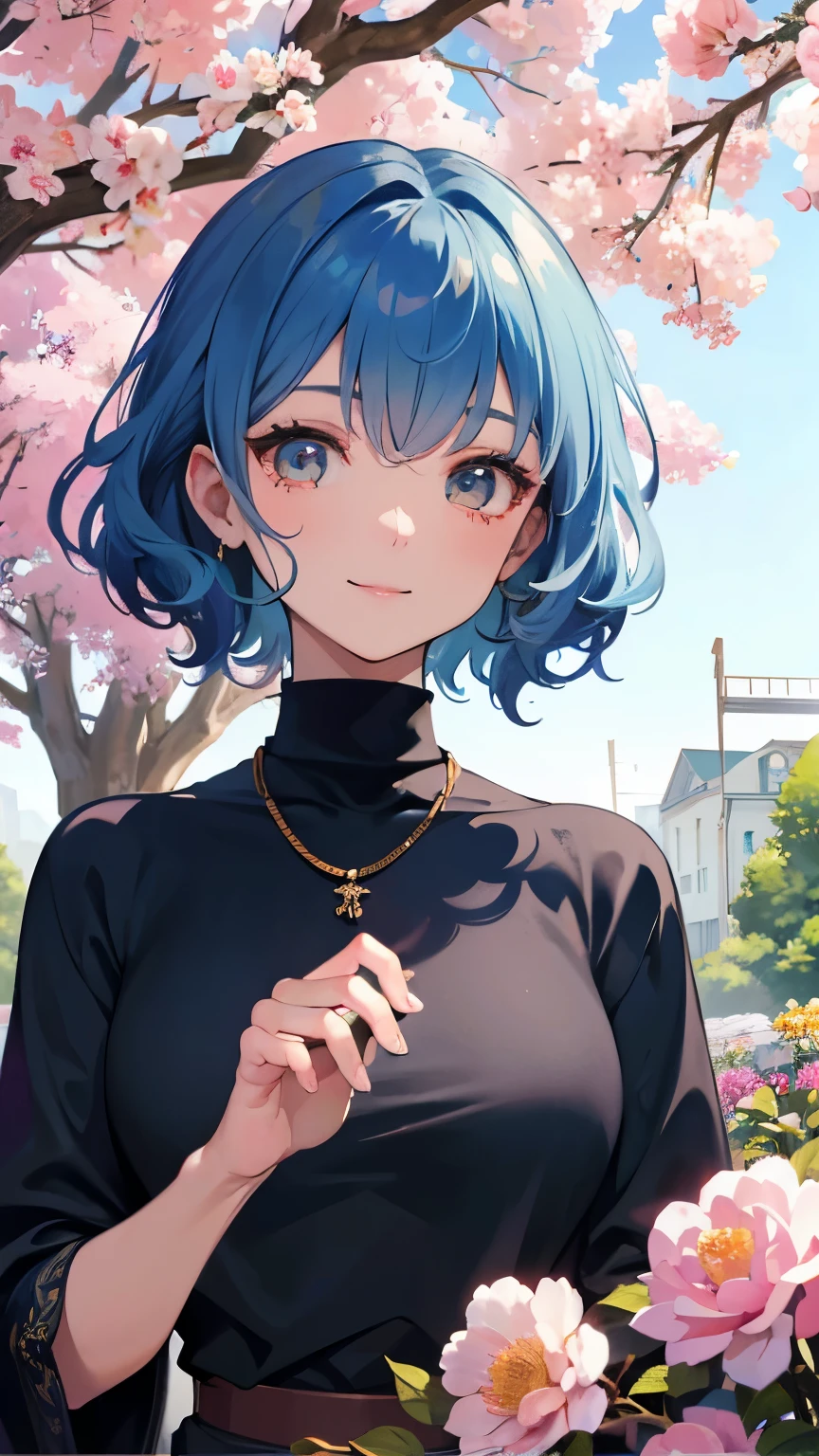 (( best quality )), ((masterpiece)), ( Details), wallpaper、Very Details 、(((Very Details な目と顔)))、masterpiece、​​Best Quality、 To Details,  MOVING ANGLE , Vibrant colors, VERY BEAUTIFUL FLOWER , smile, whole body, Look in the direction of the audience, Short Hair, Blue hair color, Curly hair,40 years old, Delicate fingertips, Black turtleneck