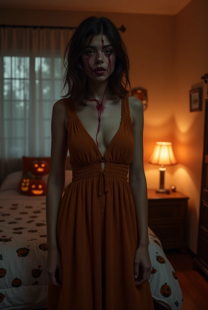 best quality, masterpiece, realistic, photo-realistic, amazing, finely detail, incredibly absurdres, huge filesize, ultra-detailed, highres, extremely detailed 8k wallpaper, ray tracing, close-up, upper body, A misterious woman wearing a ginger black dress made of jute rough textured material, standing in a scary bedroom, jack-o'-lantern, BIG FANGS, BLOOD DROPS ON FANGS