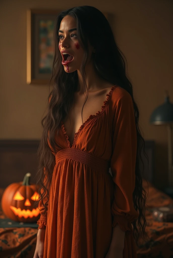 best quality, masterpiece, realistic, photo-realistic, amazing, finely detail, incredibly absurdres, huge filesize, ultra-detailed, highres, extremely detailed 8k wallpaper, ray tracing, close-up, upper body, A misterious woman wearing a ginger black dress made of jute rough textured material, standing in a scary bedroom, jack-o'-lantern, BIG FANGS, BLOOD DROPS ON FANGS