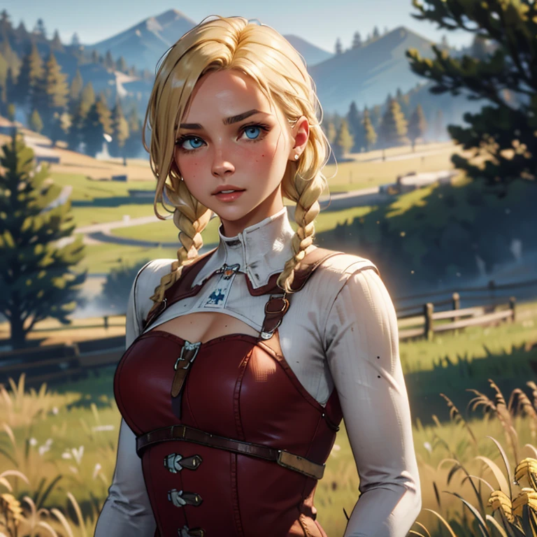 red dead redemption 2 german daughter,
Blonde,braids,Sleek tied hair,
slim face,white skin,sunkissed blush,light blue eyes,snub nose,delicate mouth and jaw,
petite,very young girl,very thin complexion,skinny,slender body,
masterpiece, best quality, HDR,
dressing 1910 farmer’s dress,
red dead redemption 2 farm background,
