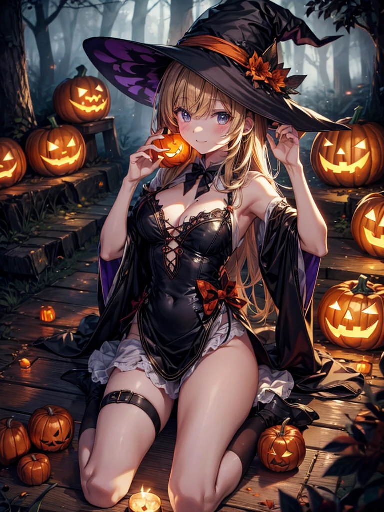 alluring beautiful halloween witch Elizabeth Olsen, frilly sensual gothic striped clothes, pointy hat, barely clothed, with moon and pumkin ornaments, frilly bustier, frilly striped gloves and long socks, exposed breasts, exposed crotch, sitting on a big pumkin, fullmoon night, Fantasy Theme, Beautiful D&D Character Portrait, Ominous, Dark Fantasy, Detailed, Digital Art, Extreme Detail, Polished, Beautiful, Hyperdetailed, Intricate, Elaborate, Meticulous, Anime Character, Detailed, Anime Face, Sharp Focus, Unreal Engine, 3d Rendered, Volumetric Lighting, Reflections, Glossy, Digital Illustration, Sensual Pose, Suggestive Pose, Lewd, Full Body Shot, anatomically correct, legs spreaded, sitting on a pumkin, naked, visible nipples, puffy , 💖❤💕💋❣