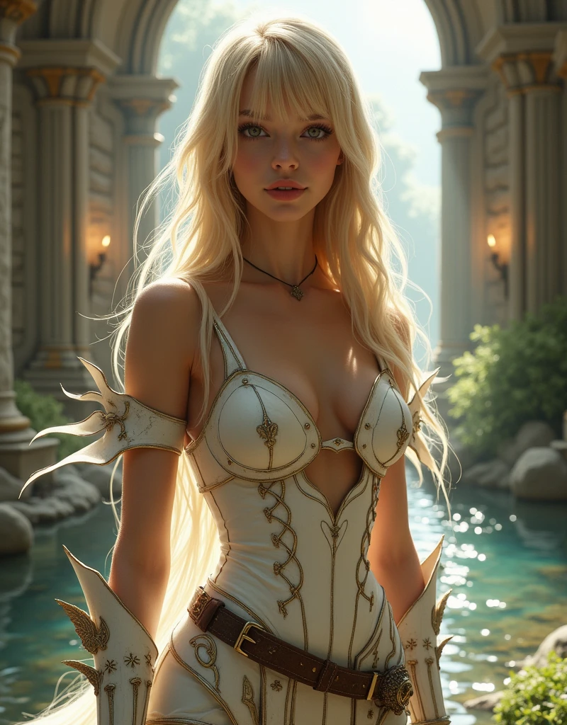 (extremely detailed CG unity 8k wallpaper, masterpiece, best quality, ultra-detailed), (an enchanting and captivating elven girl, with resplendent golden hair), looking at viewer, full body, (dynamic angle, dazzling blue eyes, exquisite necklace, enchanting smile), (a background of magic and mystery, fireflies, glowing particles, ethereal mist, and a touch of darkness), high saturation, cinematic light, rim lighting, best shadow, dancing