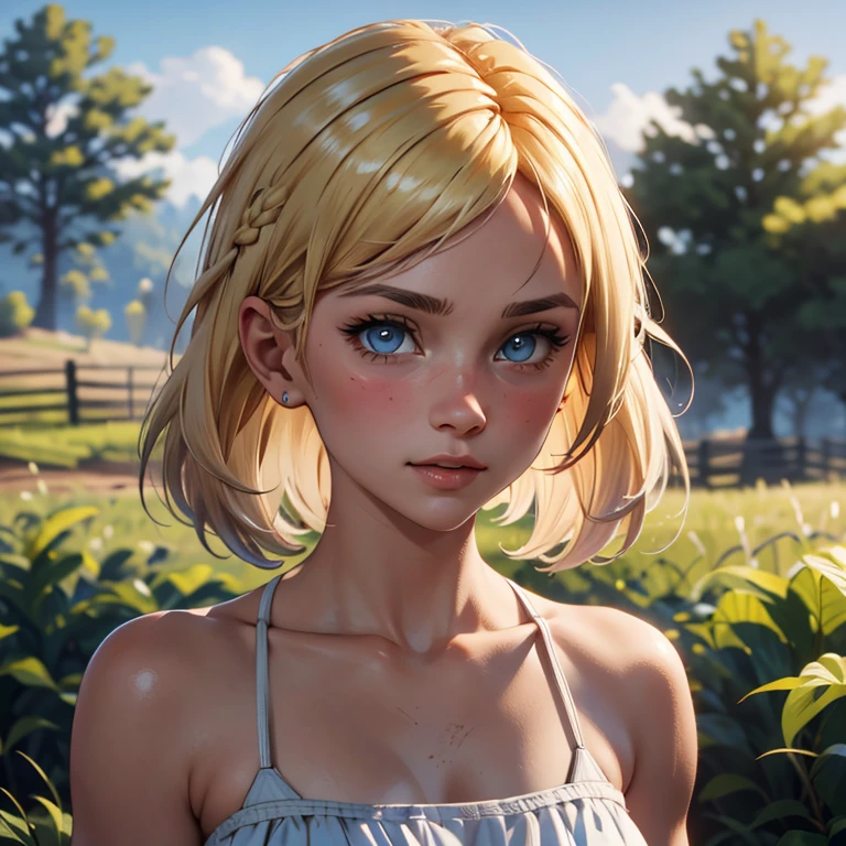 red dead redemption 2 german daughter,
Blonde,braids,Sleek tied hair,
slim face,white skin,sunkissed blush,light blue eyes,snub nose,delicate mouth and jaw,
petite,very young girl,very thin complexion,skinny,slender body,
masterpiece, best quality, HDR,
dressing 1910 farmer’s dress,
red dead redemption 2 farm background,
