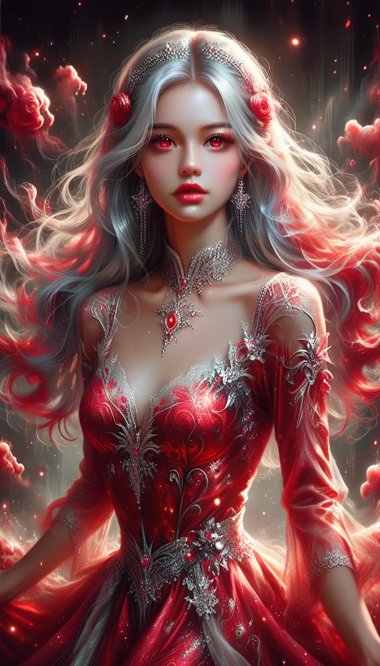 a beautiful woman with long silver hair wearing a crimson dress cooking utensils, detailed face, detailed eyes, detailed lips, detailed hands, detailed dress, elegant, graceful, cinematic lighting, dramatic colors, photorealistic, highly detailed, 8k, masterpiece, award winning digital art