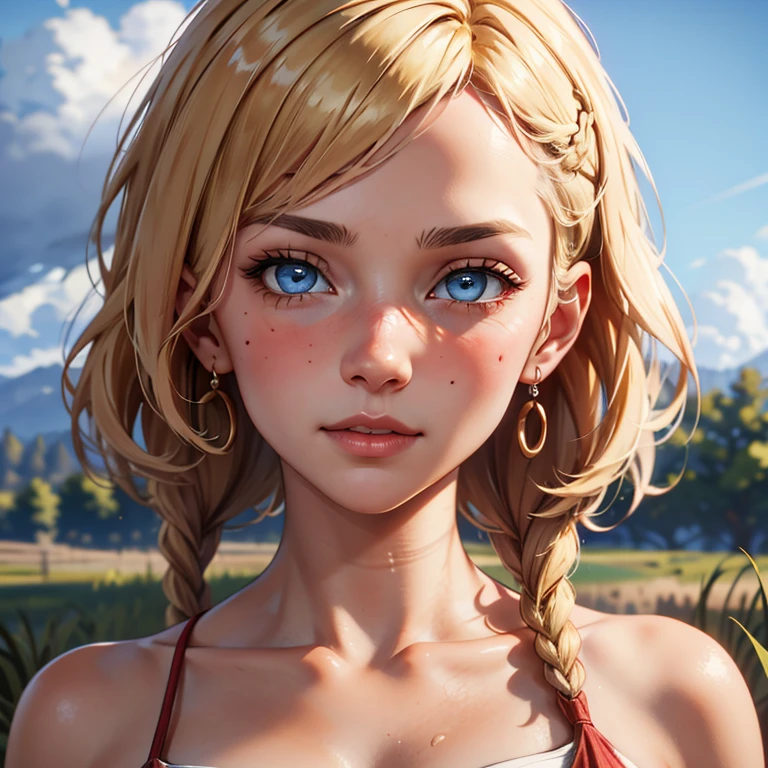 red dead redemption 2 german daughter,
Blonde,braids,Sleek tied hair,
slim face,white skin,sunkissed blush,light blue eyes,snub nose,delicate mouth and jaw,
petite,very young girl,very thin complexion,skinny,slender body,
masterpiece, best quality, HDR,
dressing 1910 farmer’s dress,
red dead redemption 2 farm background,
