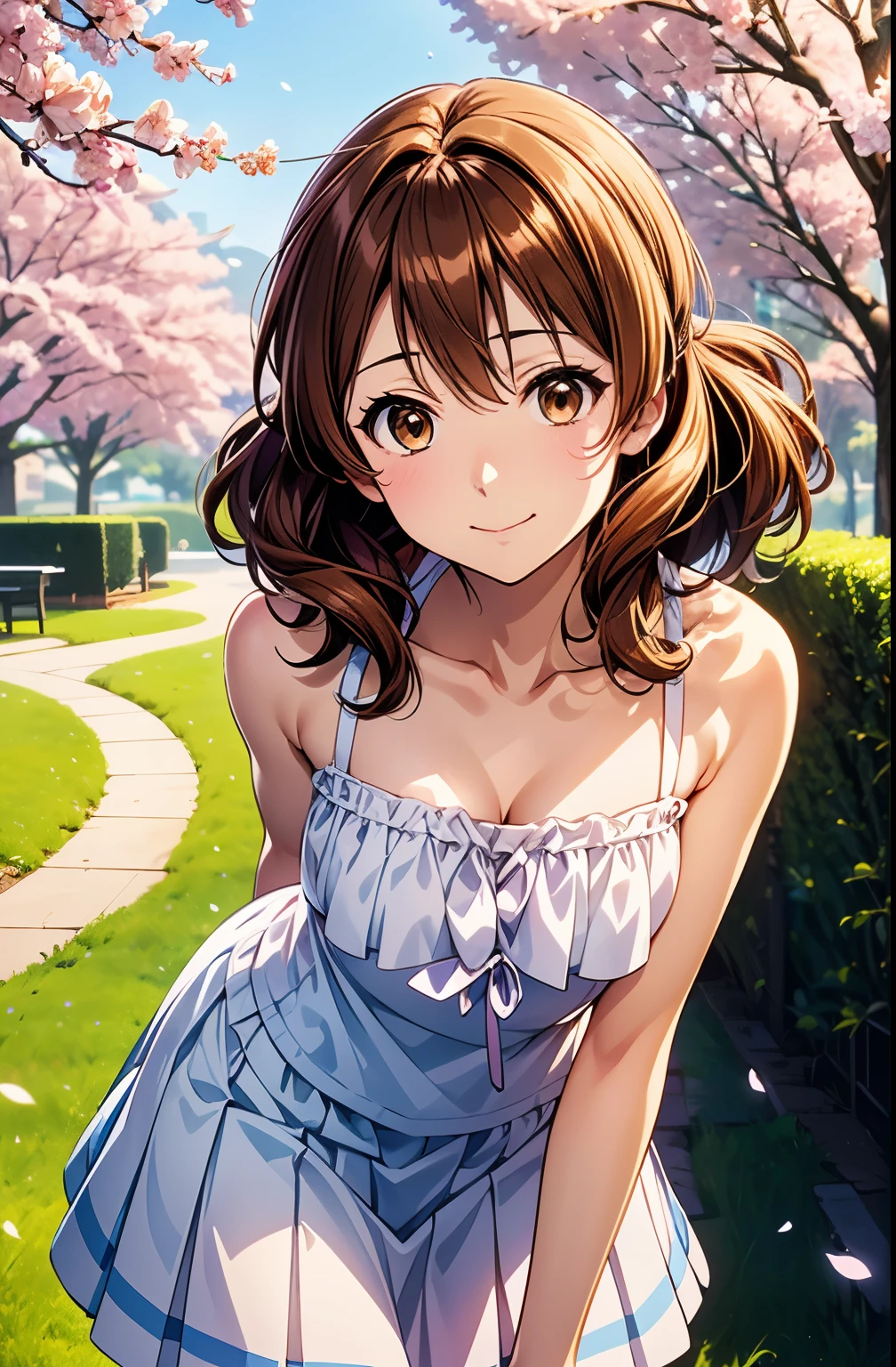  best quality ,  Kampala ,One Girl、Alone、( anime illustration style:1.3),Closed Mouth、smile、 Kampala,Yellow front＿Kumiko、Brown Hair, ( Brown Eyes :1.5), , embarrassing, Closed Mouth、8Ｋimage、Wavy Hair、Absolute reference to the center、cherry blossoms、Attractive eyes、stroll,( white camisole、skirt:1.3),(Realistic, Genuine, Genuine的、Realistic), Best Quality、  cowboy shot,Leaning forward:1.2