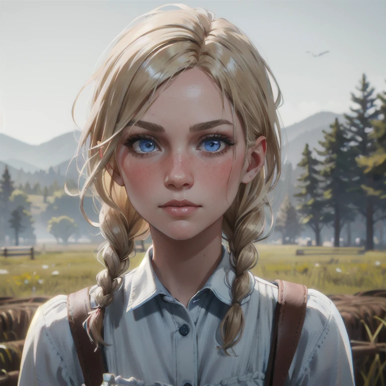 red dead redemption 2 german daughter,
Blonde,braids,Sleek tied hair,
slim face,white skin,sunkissed blush,light blue eyes,snub nose,delicate mouth and jaw,
petite,very young girl,very thin complexion,skinny,slender body,
masterpiece, best quality, HDR,
dressing 1910 farmer’s dress,
red dead redemption 2 farm background,
