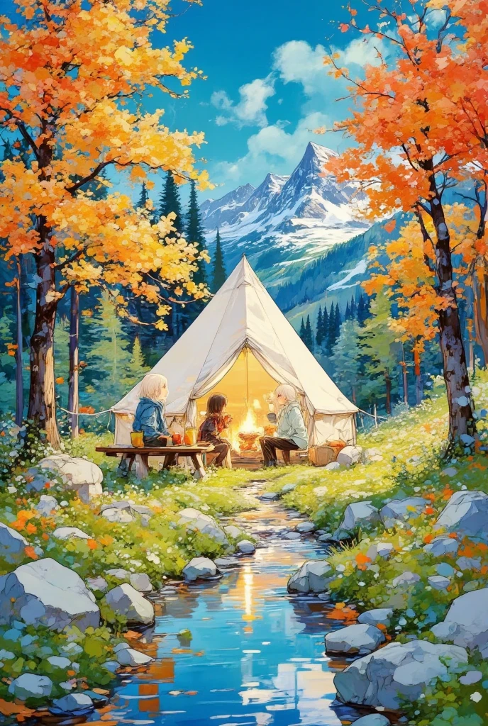 a white long hair cute girl staying In a vibrant autumn forest, a cozy campsite is nestled between towering trees with golden, red, and orange leaves gently falling. A large canvas tent sits near a flickering campfire, casting a warm, inviting glow across the scene. The fire crackles as it lights up a few rustic wooden chairs and a picnic table covered with mugs of hot cocoa, roasted marshmallows, and a basket of freshly picked apples. Off to the side, a small stream glistens under the soft light of the setting sun, with its surface reflecting the vivid colors of the surrounding forest. In the distance, mountains rise against the twilight sky, their peaks slightly dusted with snow. The air is crisp, and smoke rises from the fire, blending with the earthy scent of pine and fallen leaves. A group of friends is gathered around the fire, laughing, and enjoying the peaceful, serene beauty of the fall evening