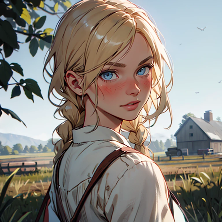 red dead redemption 2 german daughter,
Blonde,braids,Sleek tied hair,
slim face,white skin,sunkissed blush,light blue eyes,snub nose,delicate mouth and jaw,
petite,very young girl,very thin complexion,skinny,slender body,
masterpiece, best quality, HDR,
dressing 1910 farmer’s dress,
red dead redemption 2 farm background,
