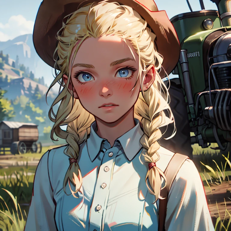 red dead redemption 2 german daughter,
Blonde,braids,Sleek tied hair,
slim face,white skin,sunkissed blush,light blue eyes,snub nose,delicate mouth and jaw,
petite,very young girl,very thin complexion,skinny,slender body,
masterpiece, best quality, HDR,
dressing 1910 farmer’s dress,
red dead redemption 2 farm background,
