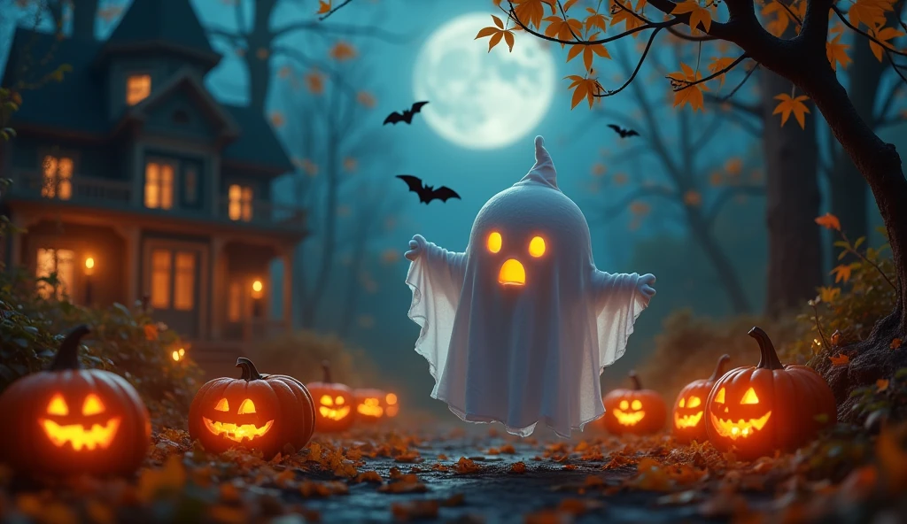 a cute ghost,1 ghost,pumpkins,jack-o-lanterns,autumn leaves,bats,spiderwebs,candles,haunted house,dark forest,full moon,moody lighting,halloween theme,dark atmosphere,eerie,spooky,whimsical,magical,fantasy,warm colors,orange hues,best quality,4k,8k,highres,masterpiece:1.2,ultra-detailed,realistic,photorealistic,photo-realistic:1.37