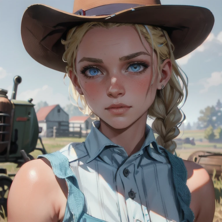 red dead redemption 2 german daughter,
Blonde,braids,Sleek tied hair,
slim face,white skin,sunkissed blush,light blue eyes,snub nose,delicate mouth and jaw,
petite,very young girl,very thin complexion,skinny,slender body,
masterpiece, best quality, HDR,
dressing 1910 farmer’s dress,
red dead redemption 2 farm background,
