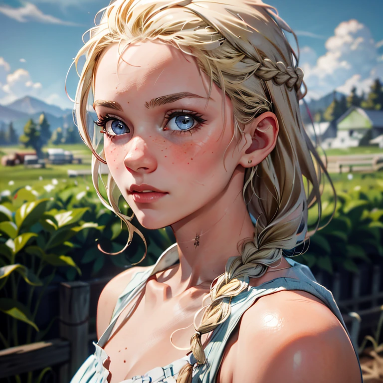 red dead redemption 2 german daughter,
Blonde,braids,Sleek tied hair,
slim face,white skin,sunkissed blush,light blue eyes,snub nose,delicate mouth and jaw,
petite,very young girl,very thin complexion,skinny,slender body,
masterpiece, best quality, HDR,
dressing 1910 farmer’s dress,
red dead redemption 2 farm background,
