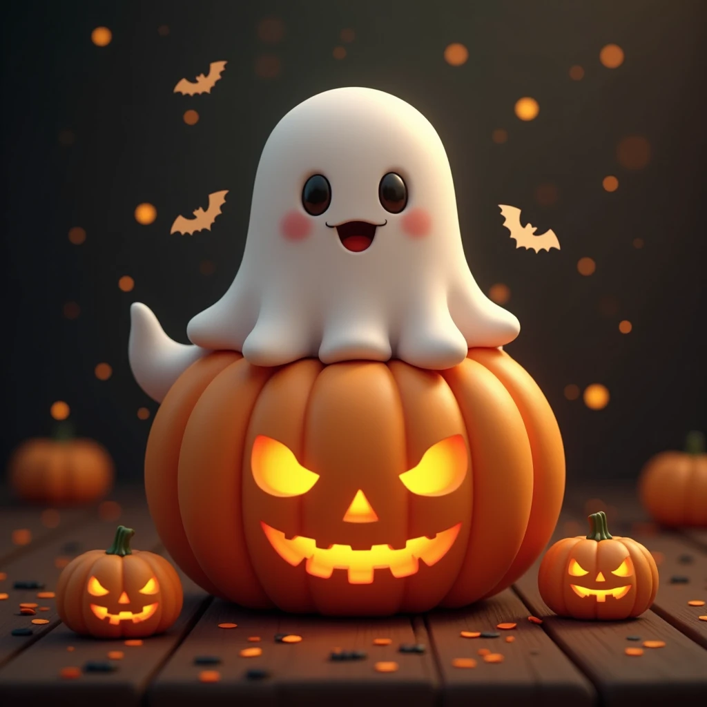 cute ghost on it, pumpkins, and anything festive, realistic，Glowing eyes，3D，halloween background 