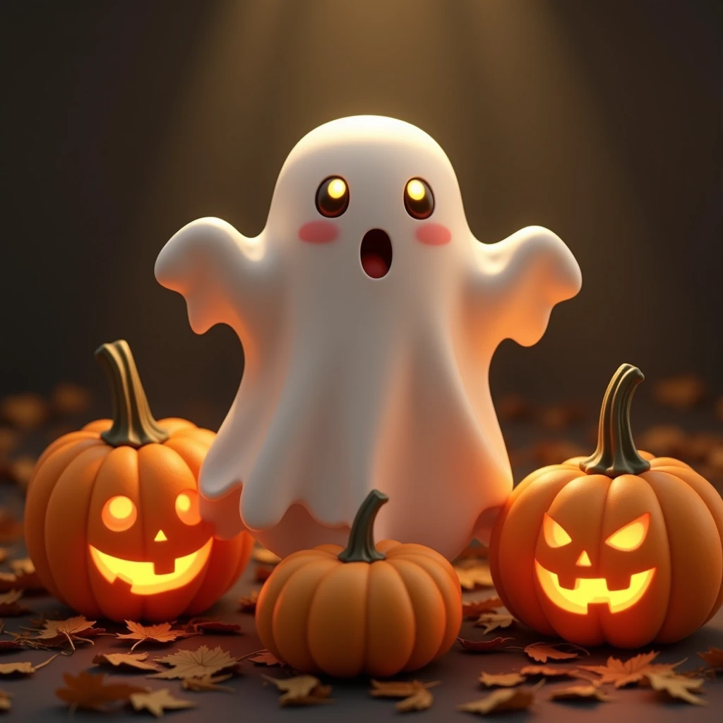 cute ghost on it, pumpkins, and anything festive, realistic，Glowing eyes，3D，halloween background 