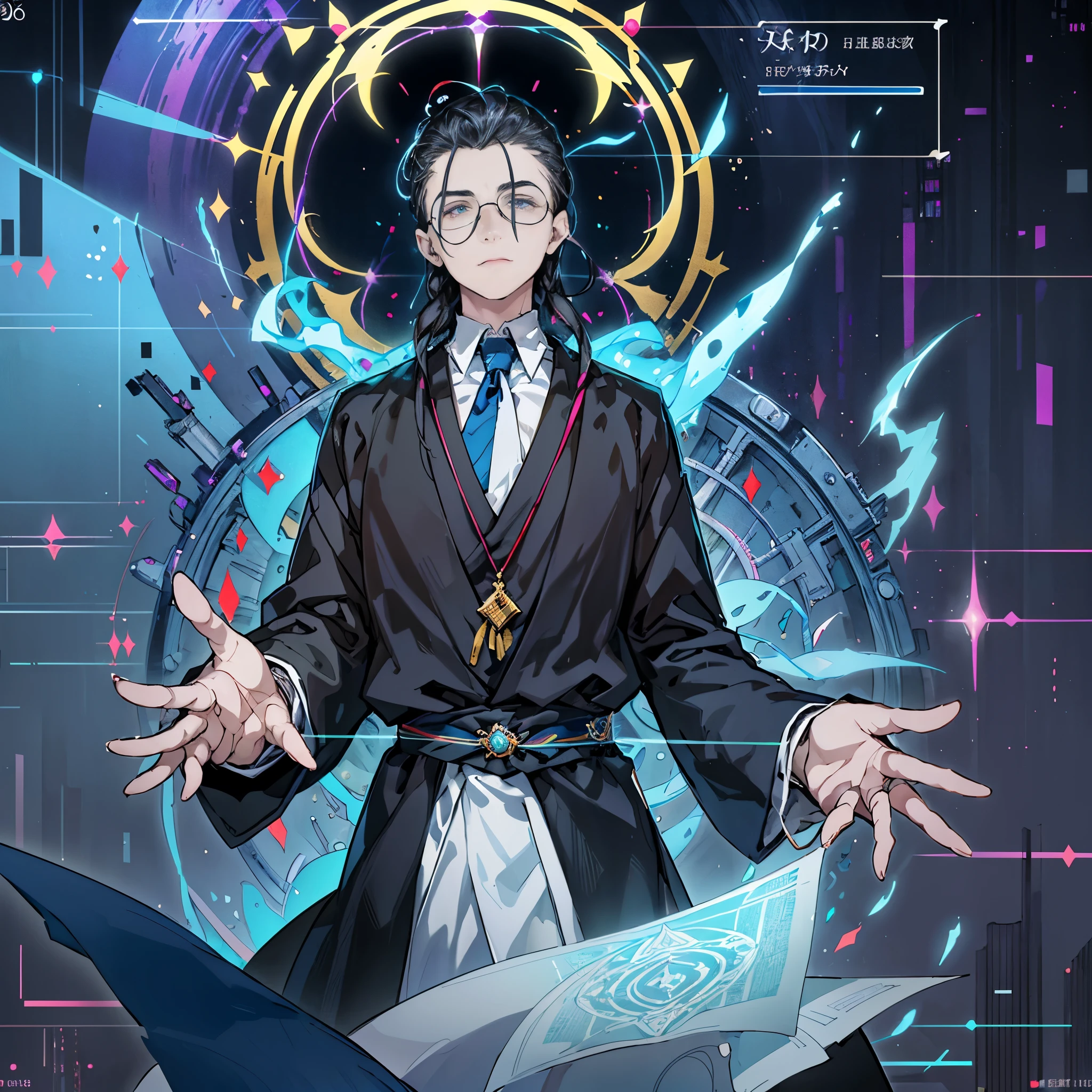 Create a surreal cyber-spiritual scene featuring Erich Fromm as an enlightened elder, his traditional philosopher's robes embedded with circuitry patterns. His slicked-back hair and glasses should reflect both digital and divine light. Show him teaching amid floating screens displaying humanity's struggle between the comfort of constraints and the responsibility of freedom, with ethereal data streams and sacred geometry framing the composition.