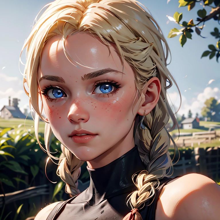 red dead redemption 2 german daughter,
Blonde,braids,Sleek tied hair,
slim face,white skin,sunkissed blush,light blue eyes,snub nose,delicate mouth and jaw,
petite,very young girl,very thin complexion,skinny,slender body,
masterpiece, best quality, HDR,
dressing 1910 farmer’s dress,
red dead redemption 2 farm background,
