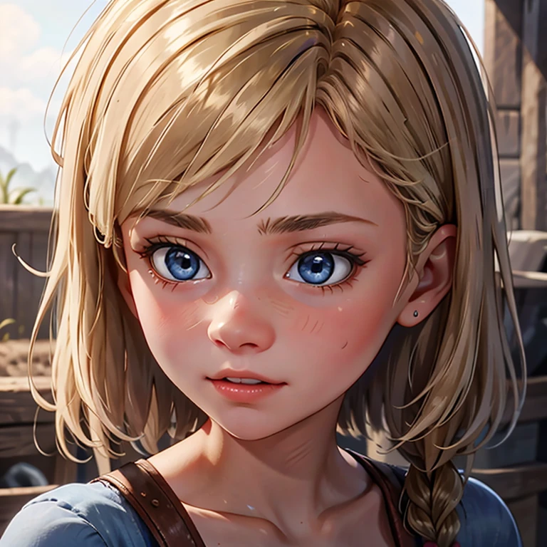 red dead redemption 2 german daughter,
Blonde,braids,Sleek tied hair,
slim face,white skin,sunkissed blush,light blue eyes,snub nose,delicate mouth and jaw,
petite,very young girl,very thin complexion,skinny,slender body,
masterpiece, best quality, HDR,
dressing 1910 farmer’s dress,
red dead redemption 2 farm background,
