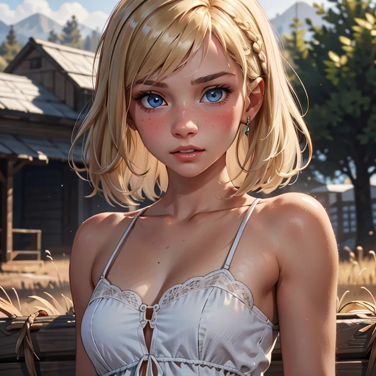 red dead redemption 2 german daughter,
Blonde,braids,Sleek tied hair,
slim face,white skin,sunkissed blush,light blue eyes,snub nose,delicate mouth and jaw,
petite,very young girl,very thin complexion,skinny,slender body,
masterpiece, best quality, HDR,
dressing 1910 farmer’s dress,
red dead redemption 2 farm background,
