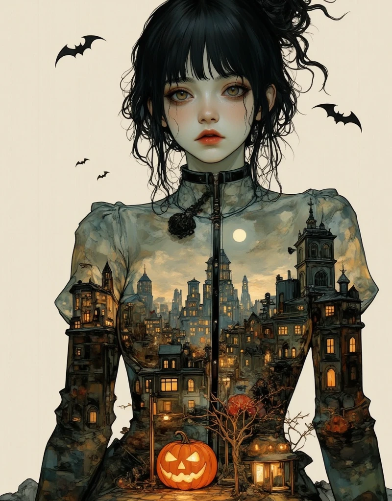 in style of Harry Clarke,(in style of Ashley Wood:1.4), (double exposure:1.6),1 huge silhouette of a girl of halloween and eerie projection of a battle city,thrilling footage exposed,jack o lantern, bats in sky, cyberpunk vaporwave,holographic projection,(posing，Dynamic Action:1.23),
