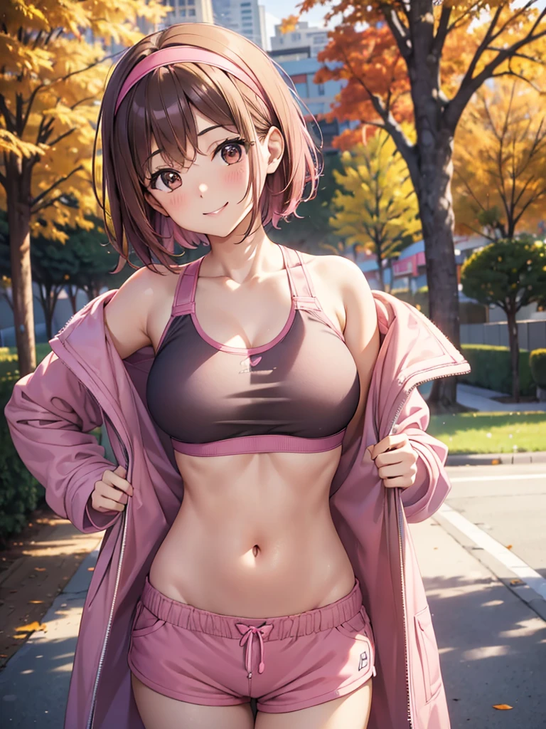  Kampala,cute, Brown Eyes ,Brown Hair,20-year-old woman,solo,Five beautiful fingers, pink sports bra , pink shorts, pink hair band ,smile,B Cup, short hair,Looking at the camera,Blurred Background,morning,Autumn park,Long coat,