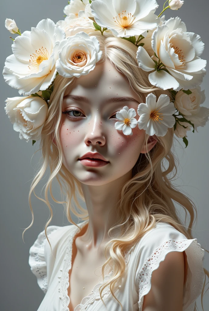 blond woman with white flowers covering her face and eyes, inspired by hsiao-ron cheng, inspired by Yanjun Cheng, author：Kojima Ayami, by hsiao-ron cheng, by Yanjun Cheng, Gu Weiss, artwork in the style of Gu Weiss, by Eizan This is a gift, pastel, james jean 和 wlop