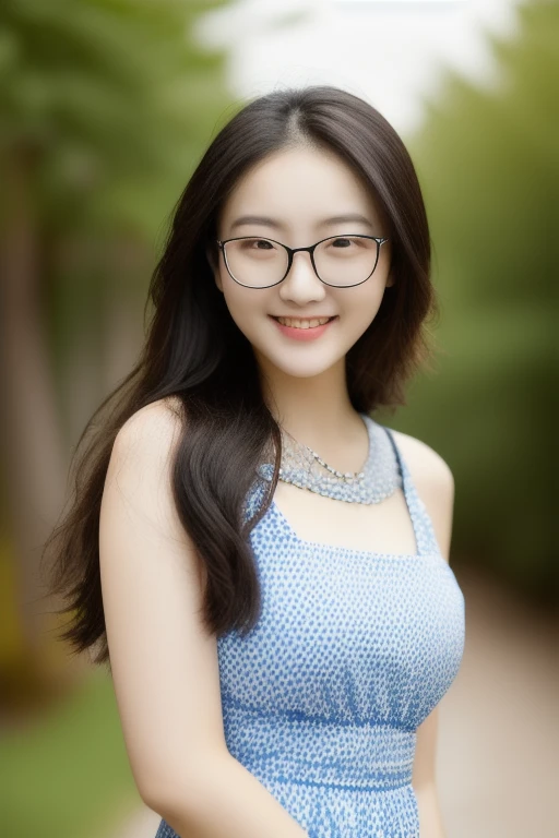 upper 3/4 portrait, Romantic photography, a young Chinese woman, 23 years old, pale skin, thin eyebrows, long blow-out hair, wearing glasses, cinematic photo girl, looking at the viewer, endearing smile, wearing a cute summer dress, standing, professional, 4k, highly detailed,  