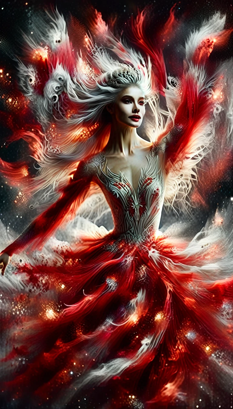 beautiful woman with long silver hair wearing a crimson dress dancing ballet, detailed face, detailed eyes, detailed lips, detailed hands, detailed dress, elegant, graceful, cinematic lighting, dramatic colors, photorealistic, highly detailed, 8k, masterpiece, award winning digital art, full body shot view.