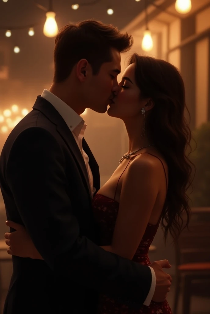 Selena Gomez wearing a red dress kissing Chris Evans with candles behind something romantic