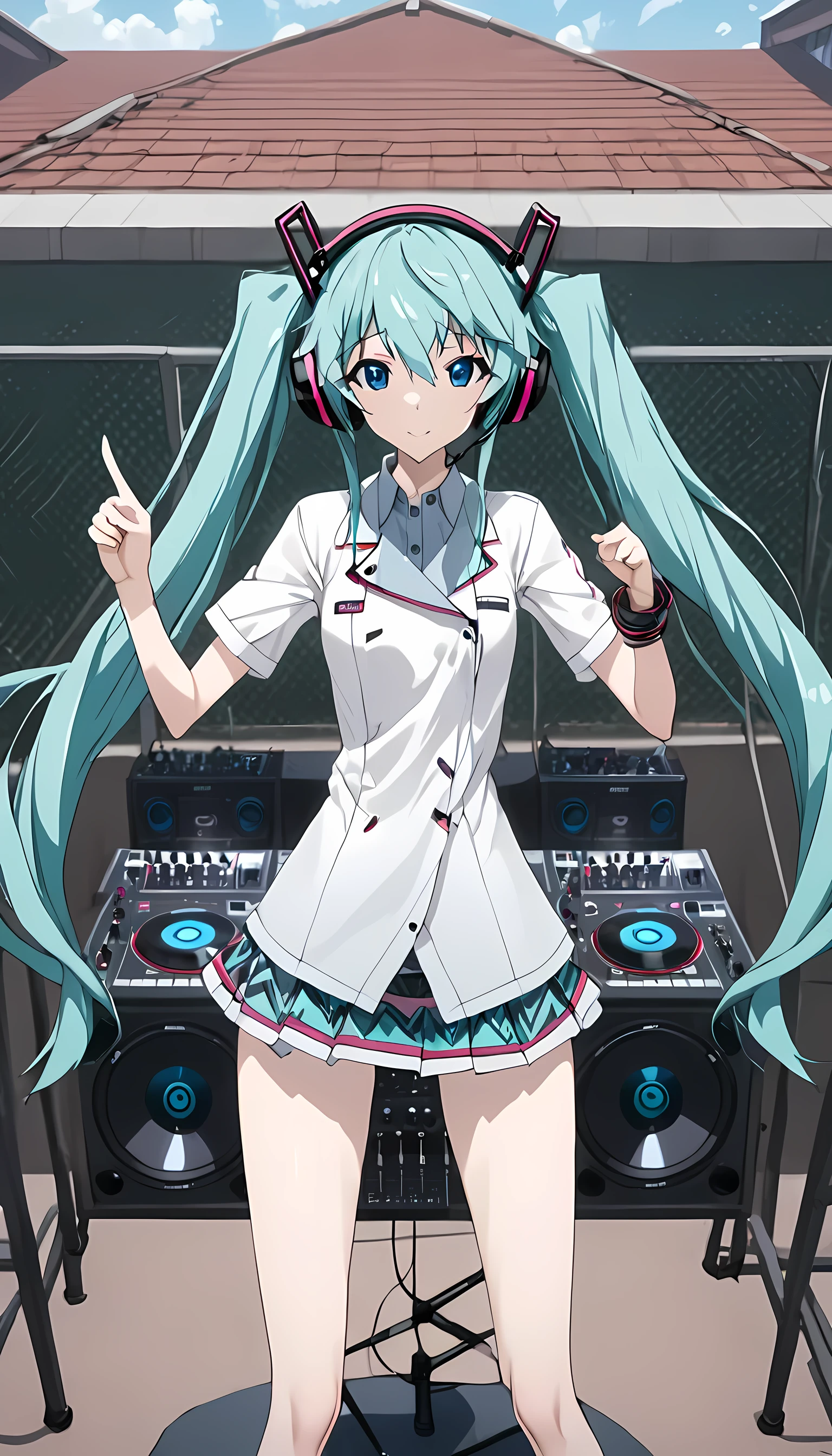  Kampala,  detail, masterpiece, accurate,  Hatsune Miku,Vocaloid, green twin tails ,Cheek,Wireless Microphone,earmuffs ,Blue Eyes,pose, pointing at me , GREY BLOUSE ,School building,School rooftop,Cisterns,fence,Standing with your legs apart, miniskirt , striped panties with pattern , underwear has light blue and white stripes,symmetry, composition conscious of bilateral symmetry , DISC Jockey,LARGE SPEAKER ,Excited,I built a DJ booth on the roof,Her characteristic is panchyri, Please go for a big punch ,Passion Dwells in the Details of Underwear , carefully depicts wrinkles on panties and even crotch stains, True, the twin tails are the finishing touch,Smooth twin tails 