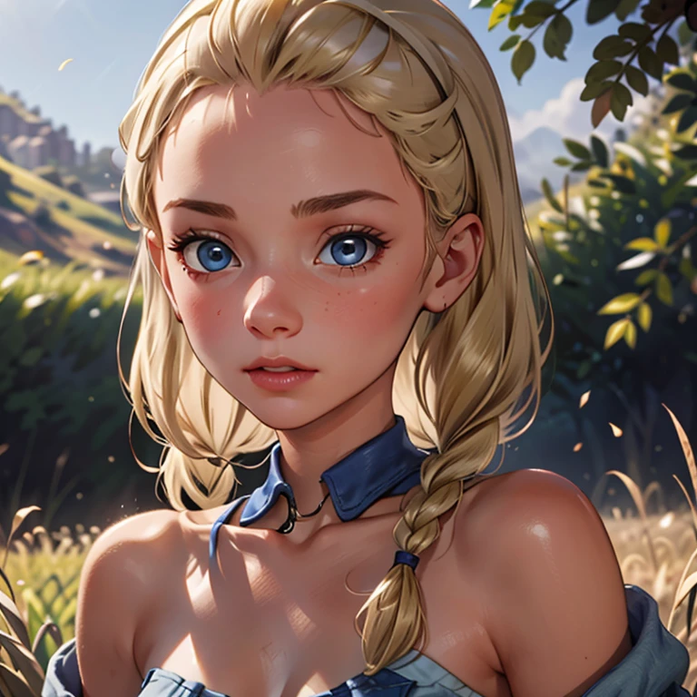 red dead redemption 2 german daughter,
Blonde,braids,Sleek tied hair,
slim face,white skin,sunkissed blush,light blue eyes,snub nose,delicate mouth and jaw,
petite,very young girl,very thin complexion,skinny,slender body,
masterpiece, best quality, HDR,
dressing 1910 farmer’s dress,
red dead redemption 2 farm background,
