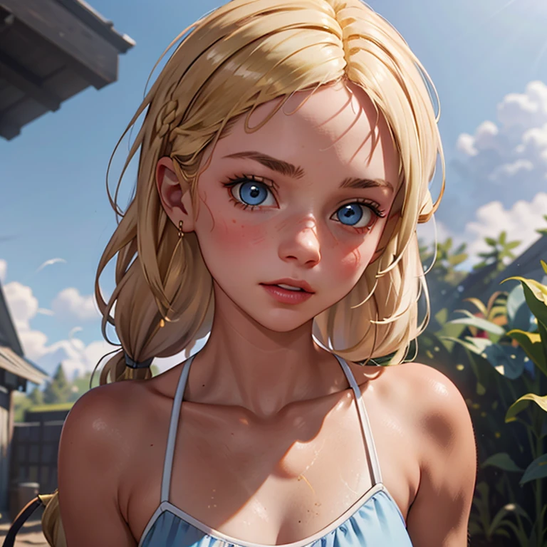 red dead redemption 2 german daughter,
Blonde,braids,Sleek tied hair,
slim face,white skin,sunkissed blush,light blue eyes,snub nose,delicate mouth and jaw,
petite,very young girl,very thin complexion,skinny,slender body,
masterpiece, best quality, HDR,
dressing 1910 farmer’s dress,
red dead redemption 2 farm background,
