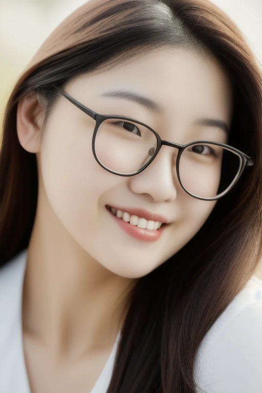 upper 3/4 portrait, Romantic photography, a young Chinese woman, 23 years old, pale skin, thin eyebrows, long blow-out hair, wearing glasses, cinematic photo girl, looking at the viewer, endearing smile, wearing a white bikini, huge breasts, standing, professional, 4k, highly detailed,  