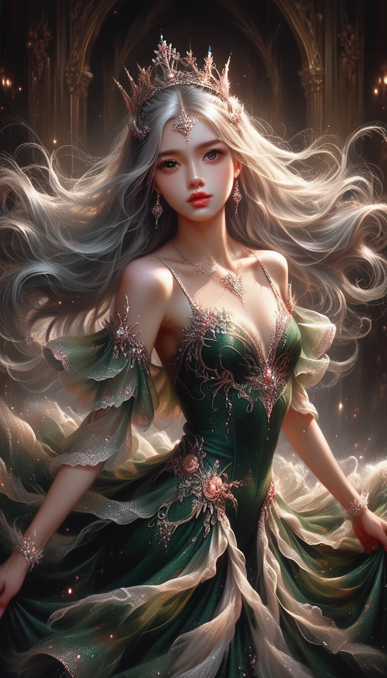 a beautiful woman with long silver hair crowned wearing a dark green dress dancing ballet, detailed face, detailed eyes, detailed lips, detailed hands, detailed dress, elegant, graceful, cinematic lighting, dramatic colors, photorealistic, highly detailed, 8k, masterpiece, award winning digital art