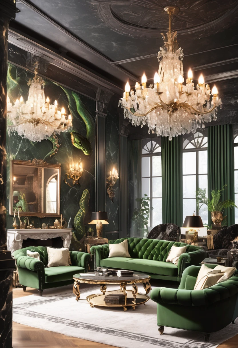 a large living room, common room, was a long, underground, underwater, black and white marble wall and columns, dark rough stone ceiling, green chandeliers. A fire was crackling under an elaborately carved mantelpiece ahead of them, and several Slytherins were silhouetted around it in carved chairs. luxurious feeling, black sofas, green sofas, rich and luxurious, mysterious feeling, dark atmosphere, crackling marble fireplace. portrait of Basilisk decorate walls, portrait of snakes decorate walls. antique feelings. black marble. green lamps.