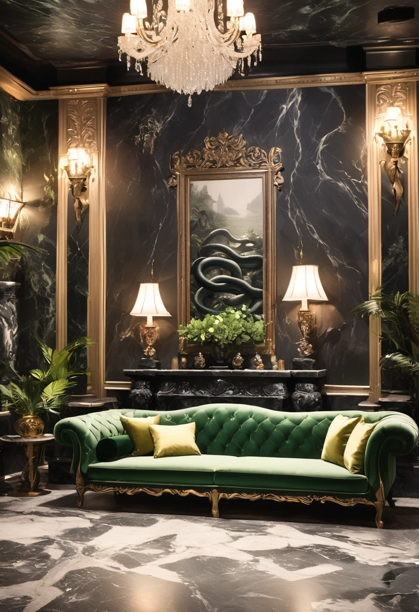 a large living room, common room, was a long, underground, underwater, black and white marble wall and columns, dark rough stone ceiling, green chandeliers. A fire was crackling under an elaborately carved mantelpiece ahead of them, and several Slytherins were silhouetted around it in carved chairs. luxurious feeling, black sofas, green sofas, rich and luxurious, mysterious feeling, dark atmosphere, crackling marble fireplace. portrait of Basilisk decorate walls, portrait of snakes decorate walls. antique feelings. black marble. green lamps.