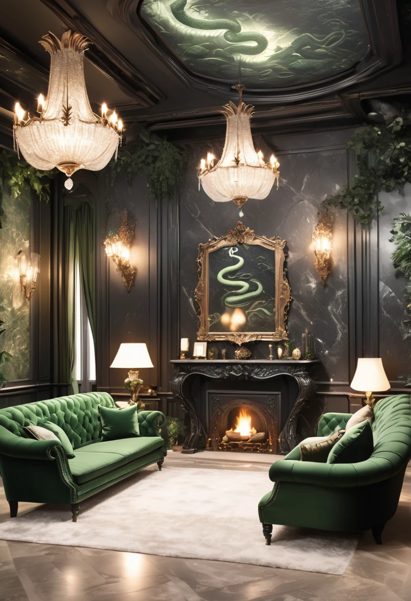 a large living room, common room, was a long, underground, underwater, black and white marble wall and columns, dark rough stone ceiling, green chandeliers. A fire was crackling under an elaborately carved mantelpiece ahead of them, and several Slytherins were silhouetted around it in carved chairs. luxurious feeling, black sofas, green sofas, rich and luxurious, mysterious feeling, dark atmosphere, crackling marble fireplace. portrait of Basilisk decorate walls, portrait of snakes decorate walls. antique feelings. black marble. green lamps.