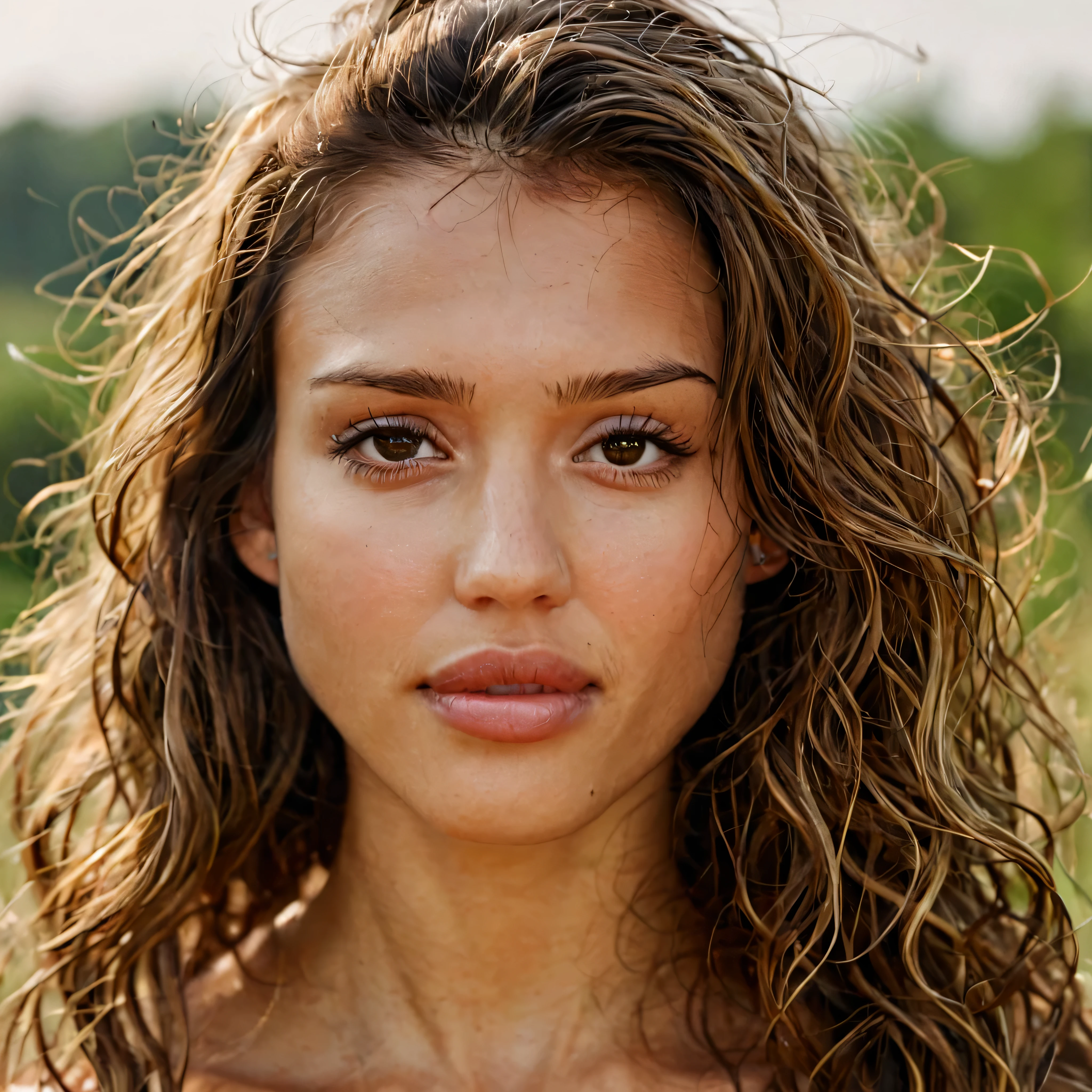 Skin texture, no makeup, Super high res closeup portrait photo of a woman outdoors with wavy long hair,f /2.8, Canon, 85mm,cinematic, high quality,looking at the viewer, glossy lips,   