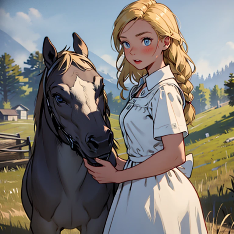 red dead redemption 2 german daughter,
Blonde,braids,Sleek tied hair,
slim face,white skin,sunkissed blush,light blue eyes,snub nose,delicate mouth and jaw,
petite,very young girl,very thin complexion,skinny,slender body,
masterpiece, best quality, HDR,
dressing 1910 farmer’s dress,
red dead redemption 2 farm background,
