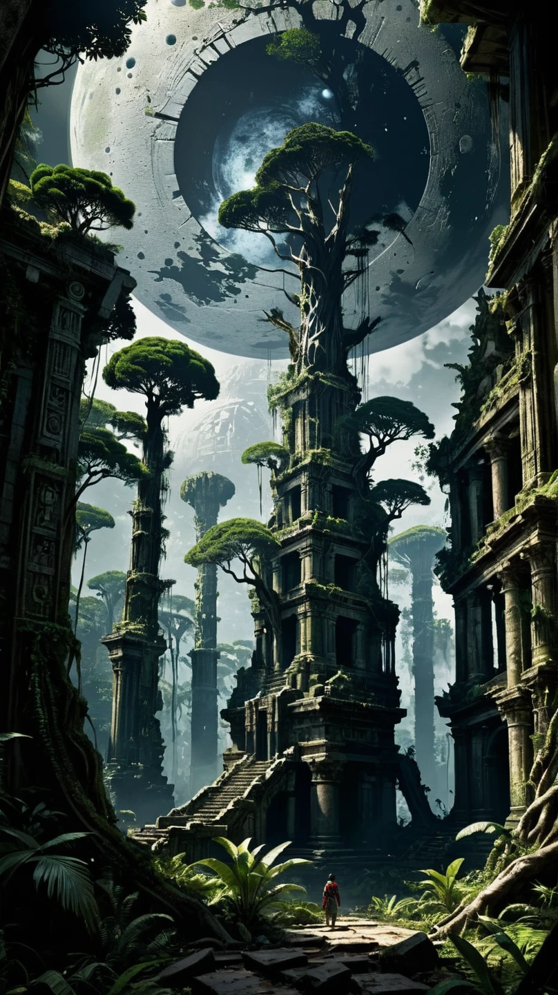  concept art(masterpiece:0.3),  Details, Natural Light, Shadow,  high contrast,  Untamed Tropical Forest , Big Moon in the Sky ,  Ruins of Ancient Civilizations , Surroundings(未知のMysteriousplant園, ネオンの光が輝くようなplant)  Tree Growing from the Ground 々、plant、flower々,  view from below,  Dreamy Scenery with an Airy Feeling , Dreamscape Art ,CGI style,  Dynamic Oil Painting ,  Splash Art , masterpiece 8k wallpaper, Unreal Engine, Overgrown forest, Nightmare, Mysterious, Provocative, symbolic, Fine, Red accents, Macro,  Chaos Swirls in the Center ,  Parallel World that teleports instantaneously through thought