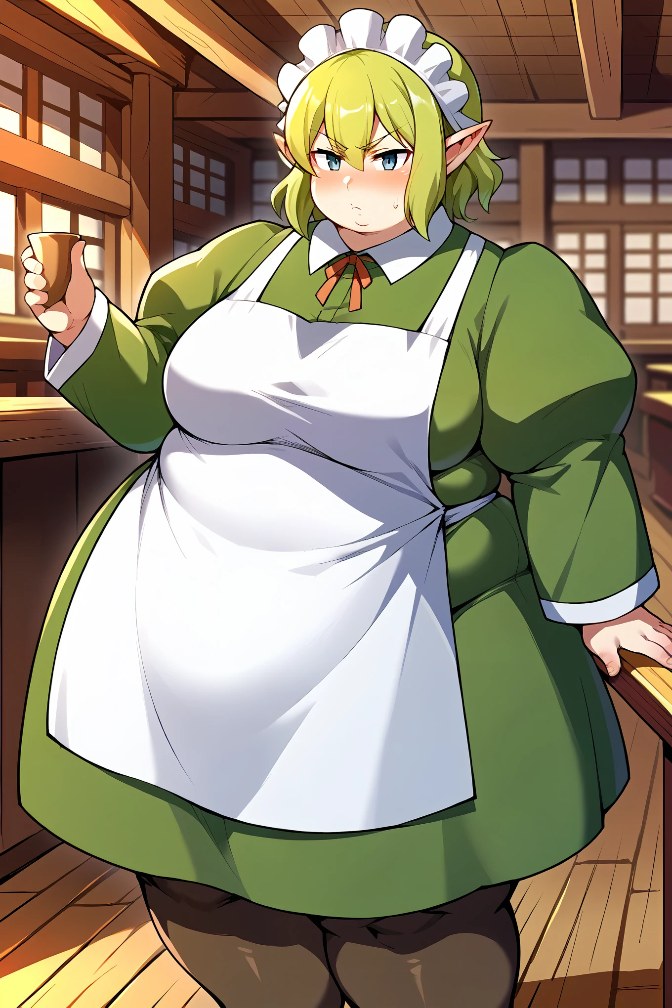 score_9, score_8_up, score_7_up, score_6_up, source_anime, BREAK 1girl, solo  ryuu, green hair, maid headdress, green dress, long sleeves, white apron, pantyhose, looking at you, blush, serious, tavern, indoors, fat, chubby, obese