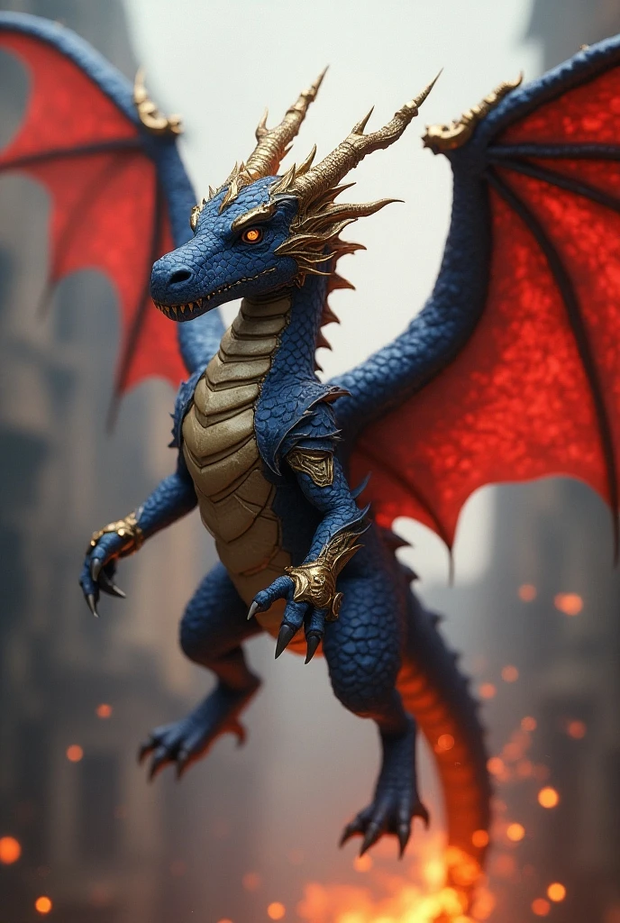 a crazy cool blue and red dragon, fantasy type, wearing golden armor, flying through the air blowing fire on buildings, reckless hate, detailed scales, fantasy war theme, ray tracing, masterpiece, anatomically correct, textured skin, super detail, high details, high quality, award winning, best quality, highres, accurate, 4K, masterpiece, anatomically correct, textured skin, super detail, high details, high quality, award winning, best quality, highres, accurate, 4K no human like features, its a dragon, small arms, muscular back legs, opening mouth blowing fire