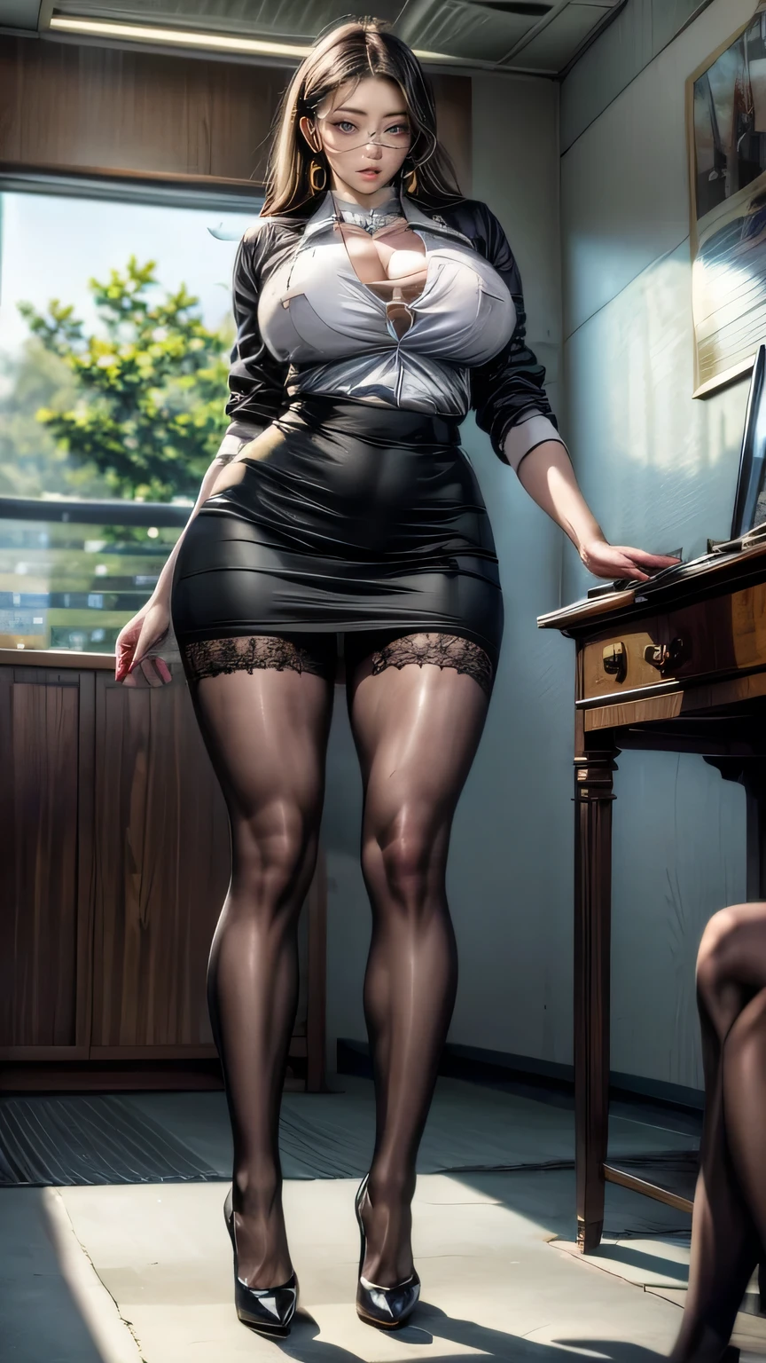 masterpiece, best quality, full body, extremely busty, gold platform pumps, office secretary, pencil skirt, very long legs, large breasts, thicc, hoop earrings, 1girl, lewd lace grey sheer stockings, dark makeup, big black glasses