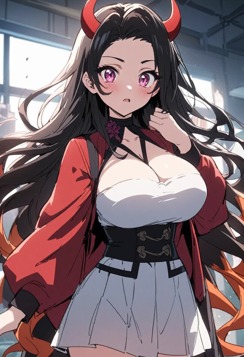  high quality、 extremely detailed、優しく微笑むBig Breastsのアニメ少女魅力的なアニメの女の子, mischief,  BEAUTIFUL ATTRACTIVE ANIME TEEN , mischief anime style, Big Breasts , | Anime with attention to detail, Anime Goddess,  pixib 3DCG ,  Kamado Nezuko in the shape of a demon , Detailed anime illustrations, 